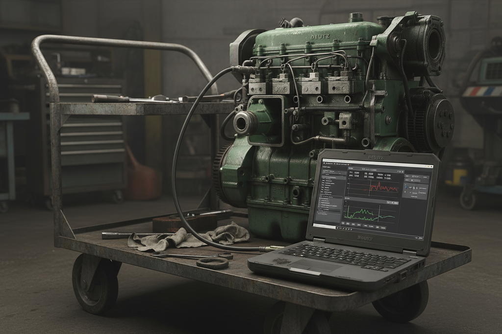 Laptop on rolling cart next to Deutz diesel engine showing live diagnostic data