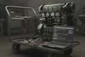 Laptop on rolling cart next to Deutz diesel engine showing live diagnostic data