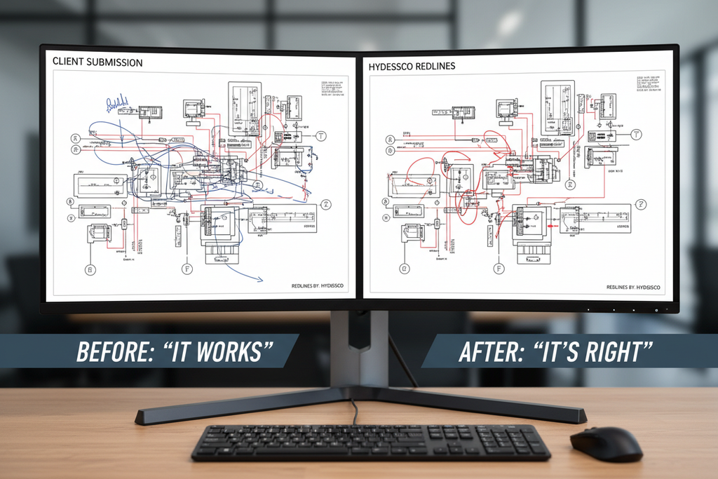 Split-screen monitor showing original schematic on left and Hydessco redlined version on right