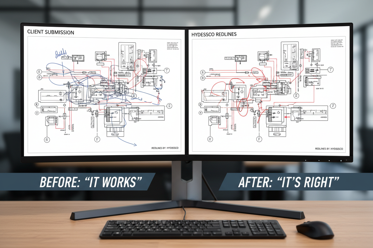 Split-screen monitor showing original schematic on left and Hydessco redlined version on right