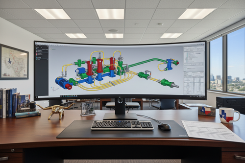 Hydraulic engineer's desk with 3D CAD model of custom fluid power system