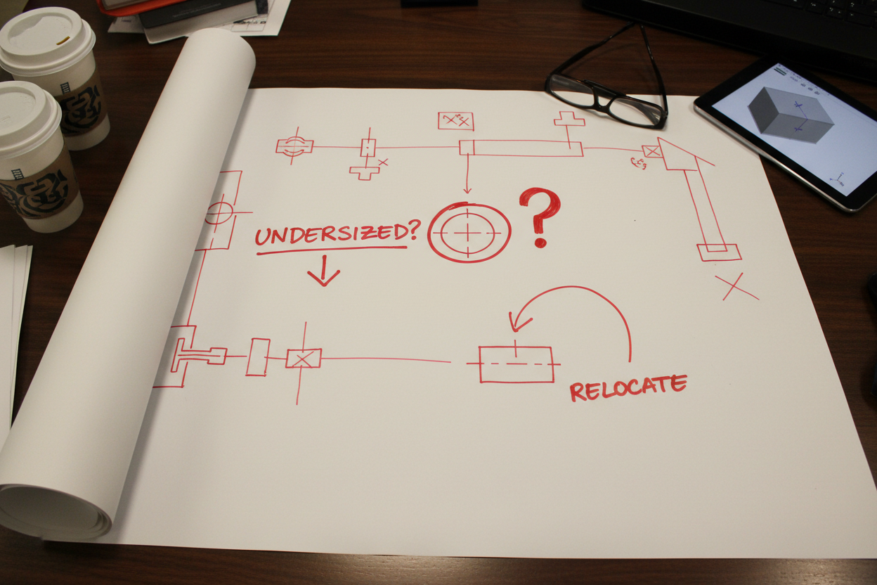 Hydraulic schematic on engineer's desk marked up in red pen with annotations and component questions