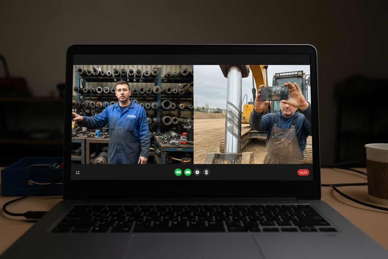 Hydessco tech and field technician on a video call diagnosing a leaking hydraulic cylinder