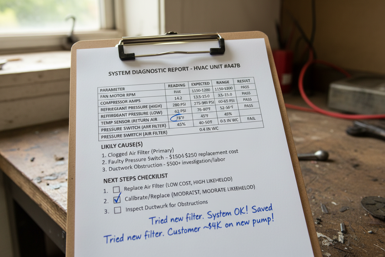 Printed diagnostic report on clipboard with pass/fail parameter table and prioritized next steps