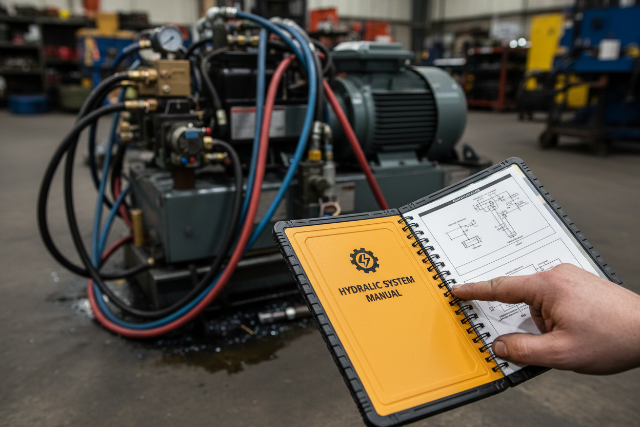 Field guide held in one hand, thumb marking a page, hydraulic power unit in background