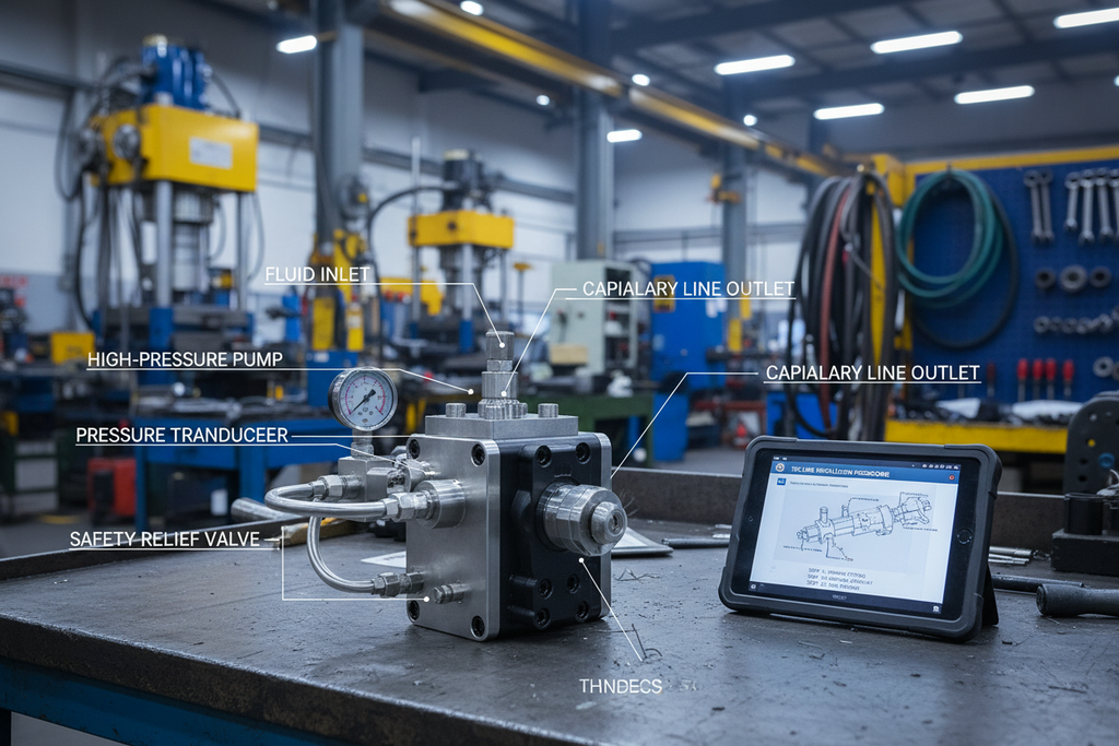 Capillary line injector head on workbench with TEC line installation procedure on tablet