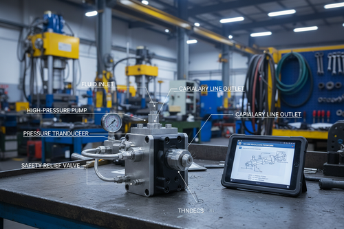 Capillary line injector head on workbench with TEC line installation procedure on tablet