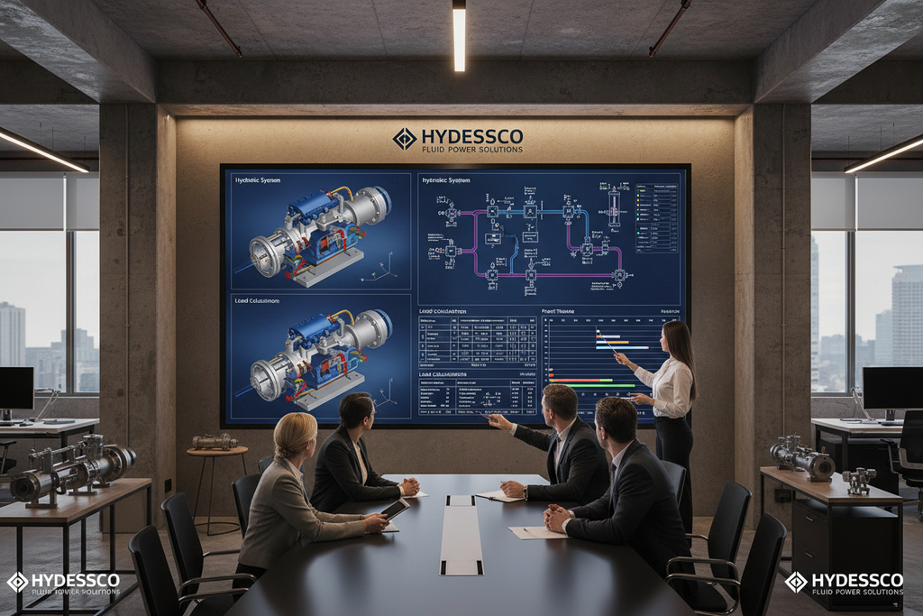 Engineering team reviewing complete fluid power system design on wall-mounted screen