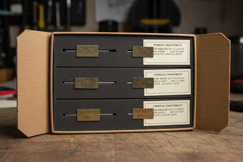 Capillary tubing sample case open showing six tube sections in 316L, duplex, and Inconel with spec cards