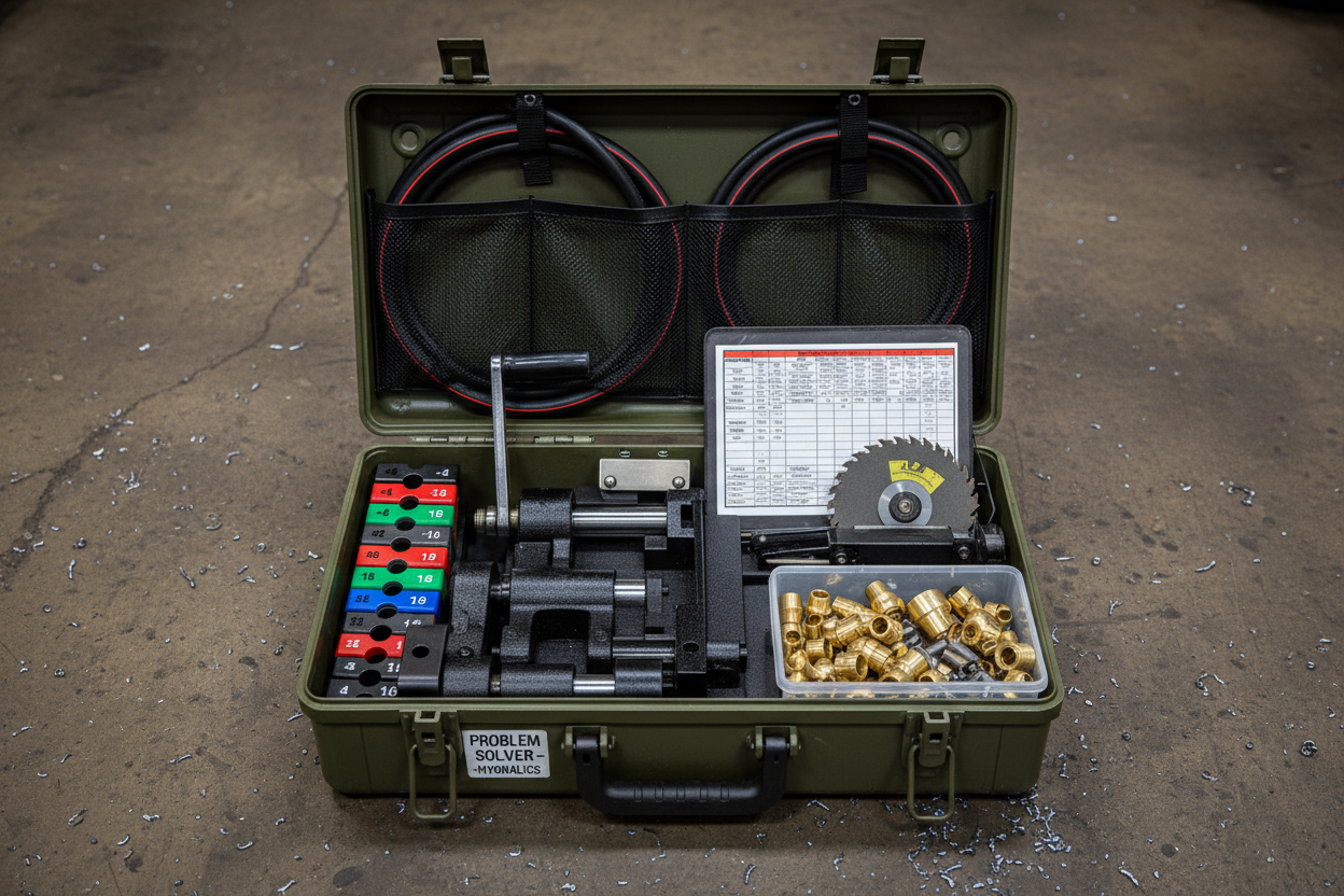 Steel ammo-can case open on shop floor showing manual hose crimper, die sets, fittings, hose lengths, and crimp spec chart