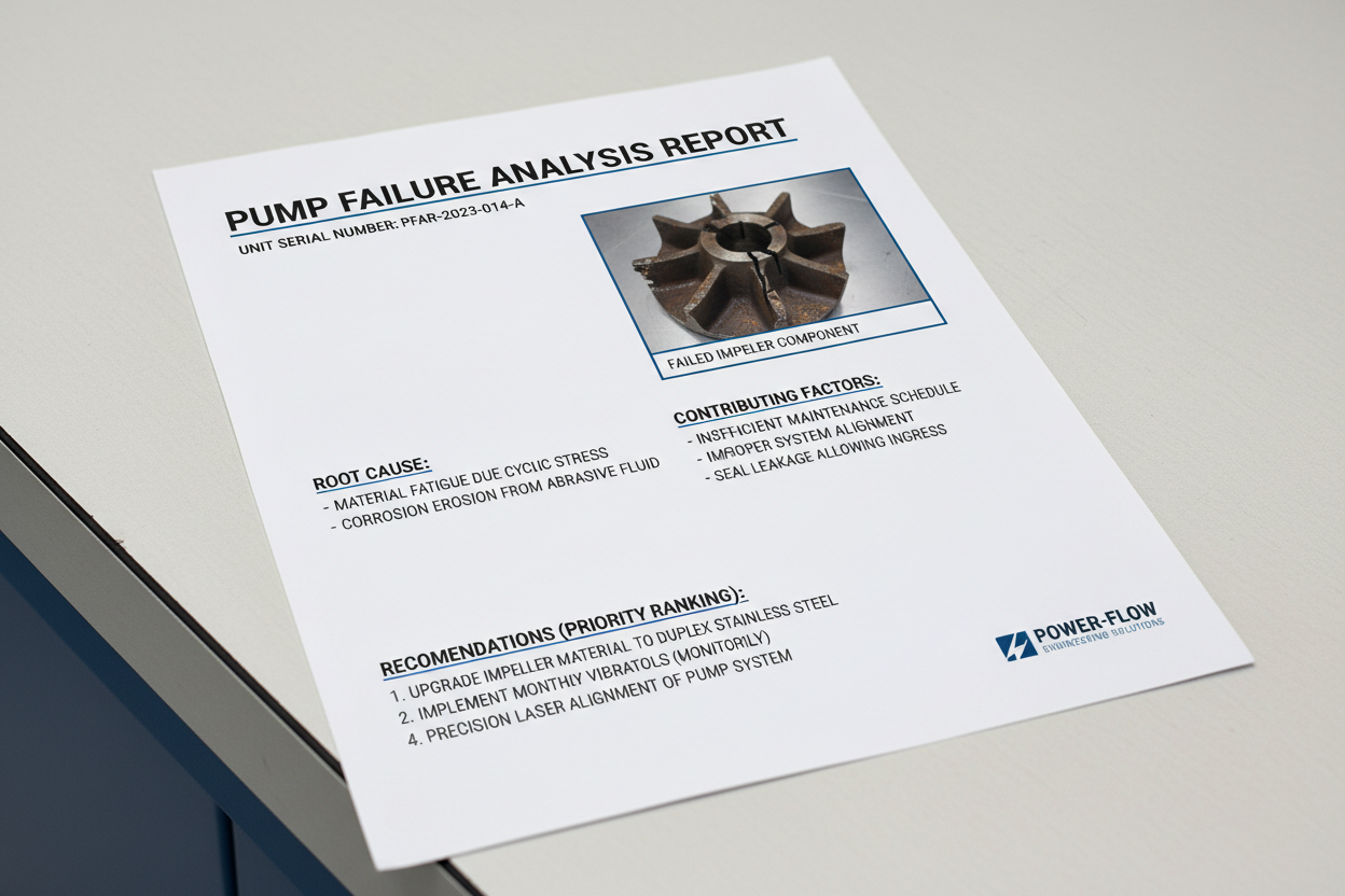 Printed Pump Failure Analysis Report showing root cause, contributing factors, and prioritized recommendations