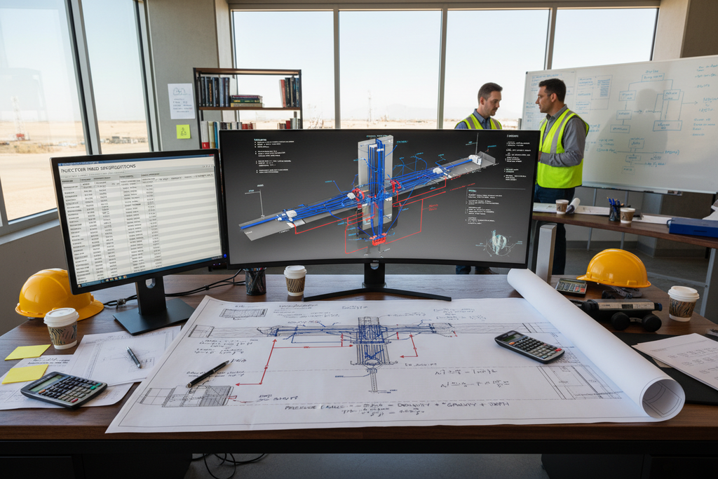 Oilfield engineering workspace with wellsite capillary and TEC line routing diagram