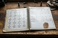Laminated hydraulic field guide open on a workbench showing ISO symbol library and pressure-loss table
