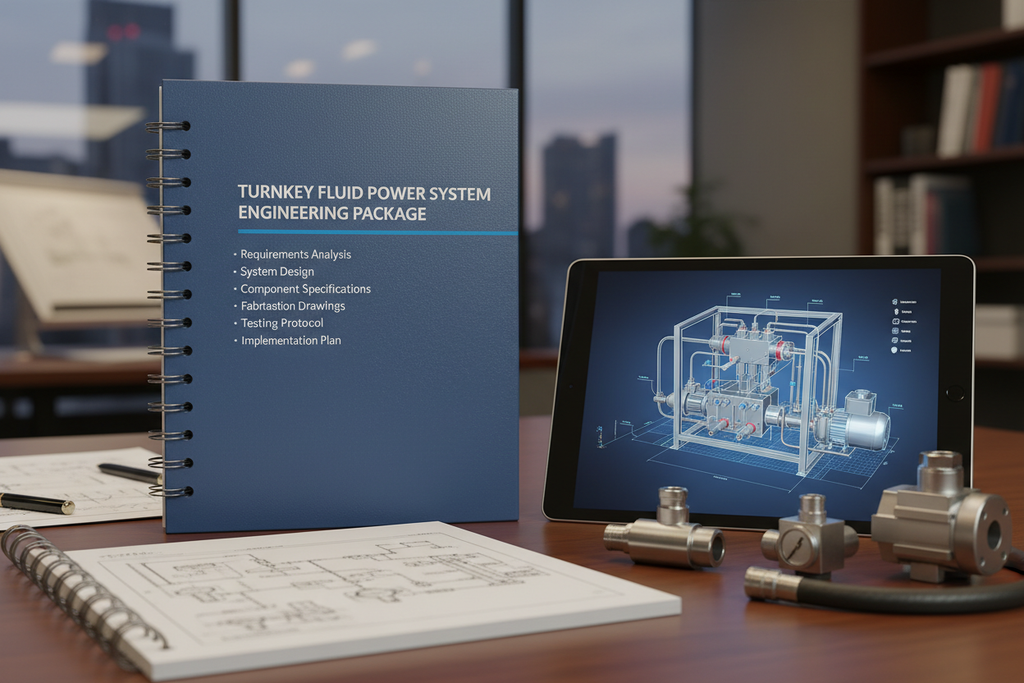 Bound Turnkey Fluid Power System Engineering Package document set with 3D render on tablet