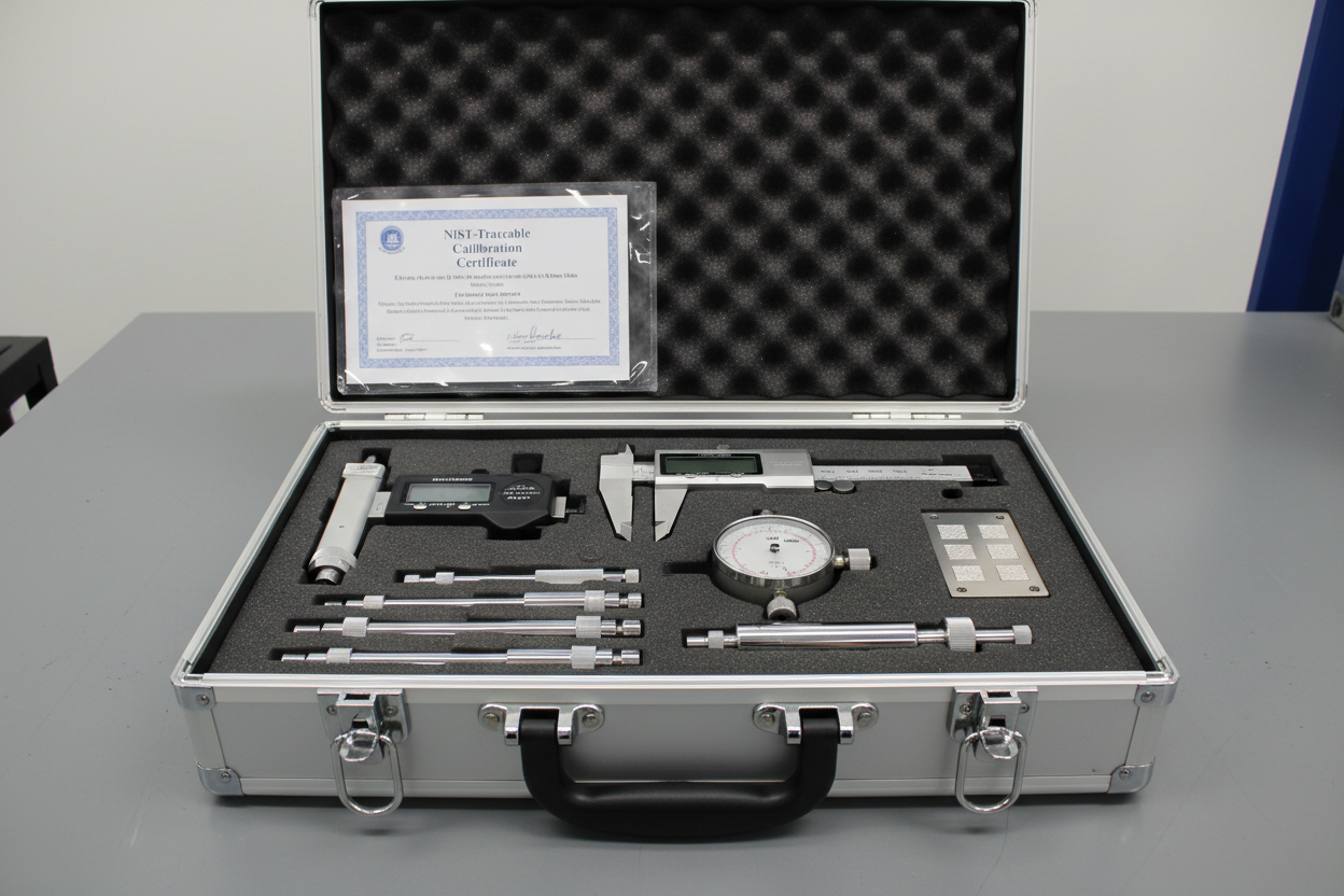 Foam-lined aluminum case with digital micrometer set, caliper, bore gauge, and NIST calibration certificate