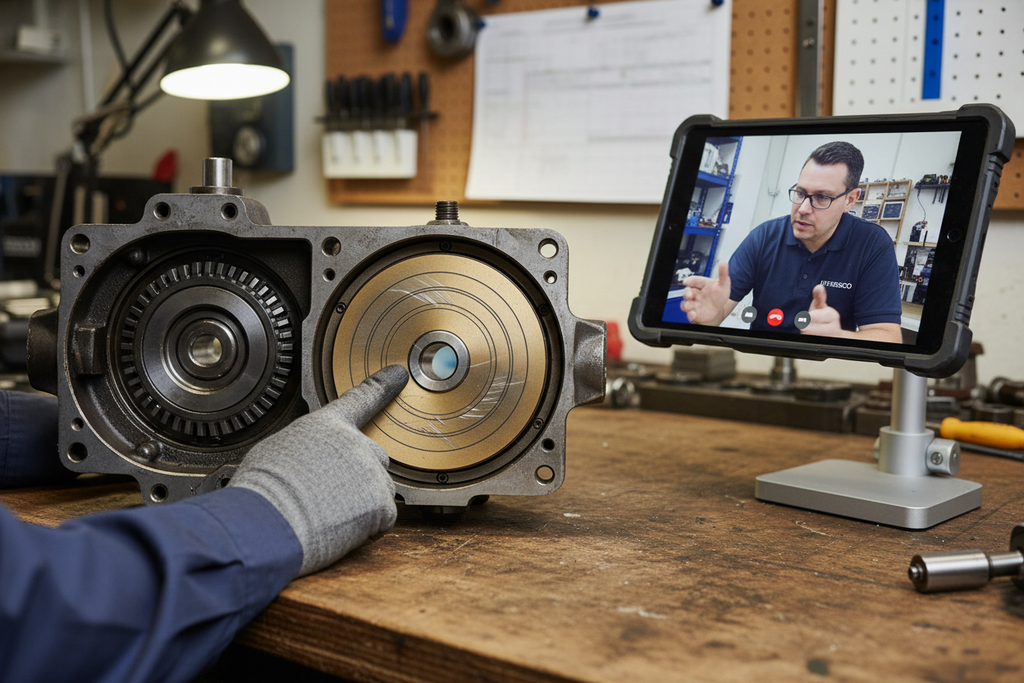 Failed hydraulic pump opened on workbench with technician pointing at valve plate wear pattern and remote engineer on video call