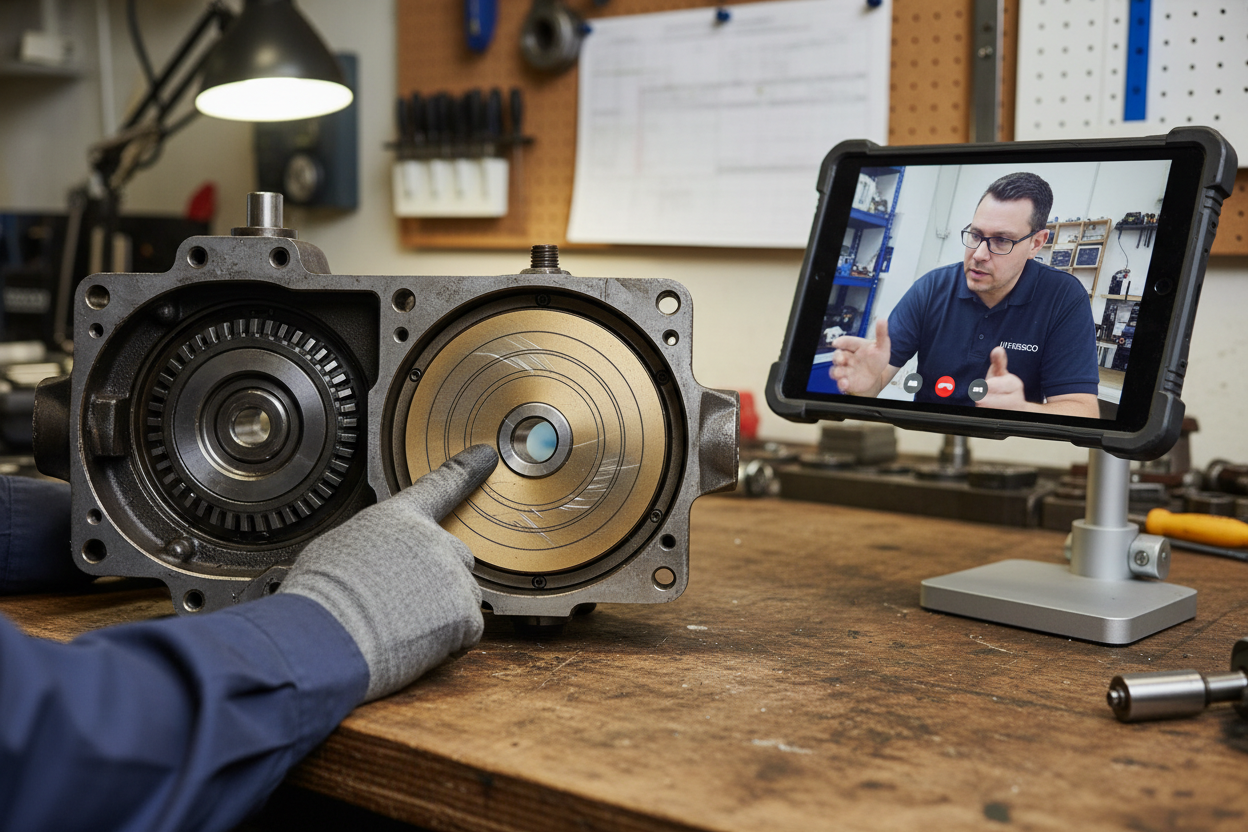 Failed hydraulic pump opened on workbench with technician pointing at valve plate wear pattern and remote engineer on video call