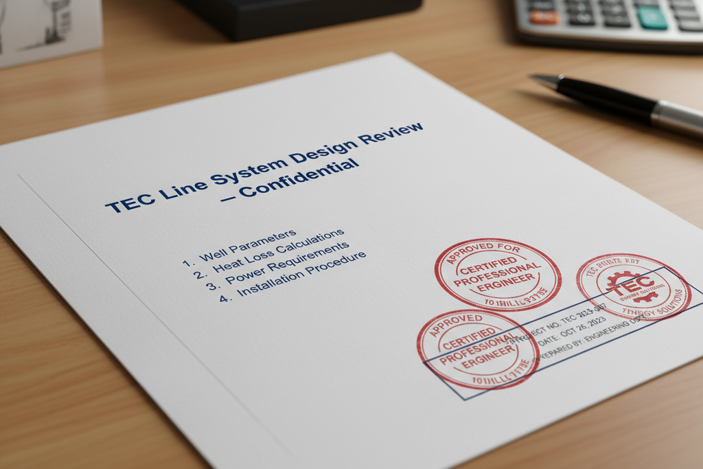 Printed TEC Line System Design Review document with engineering stamps and well parameter sections