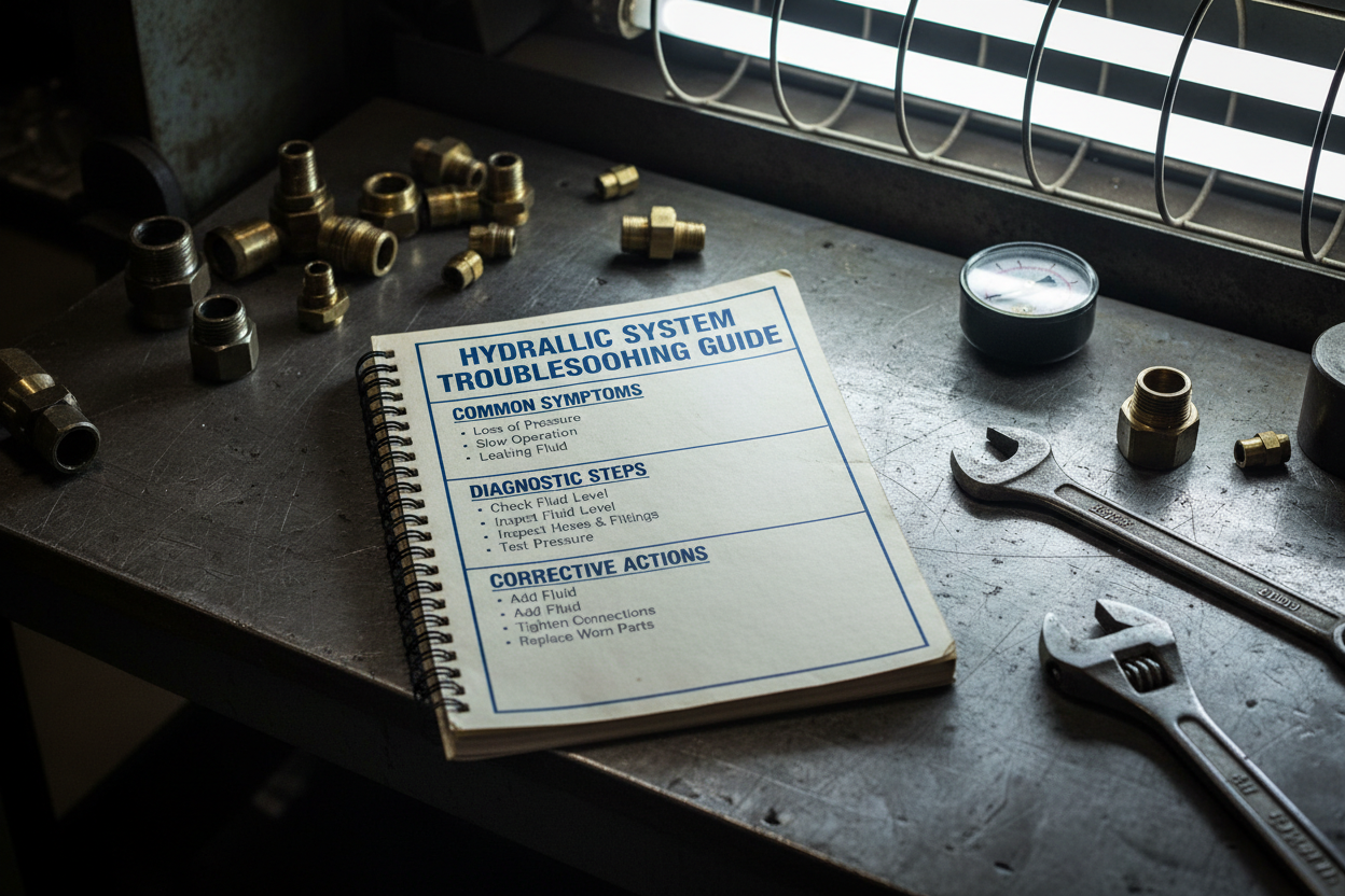 Printed Hydraulic System Troubleshooting Guide on metal workbench