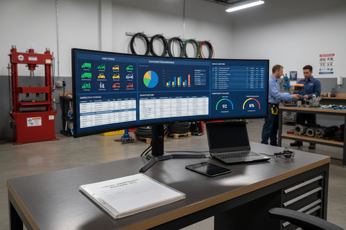 Fleet maintenance command center with equipment dashboard and compliance trackers